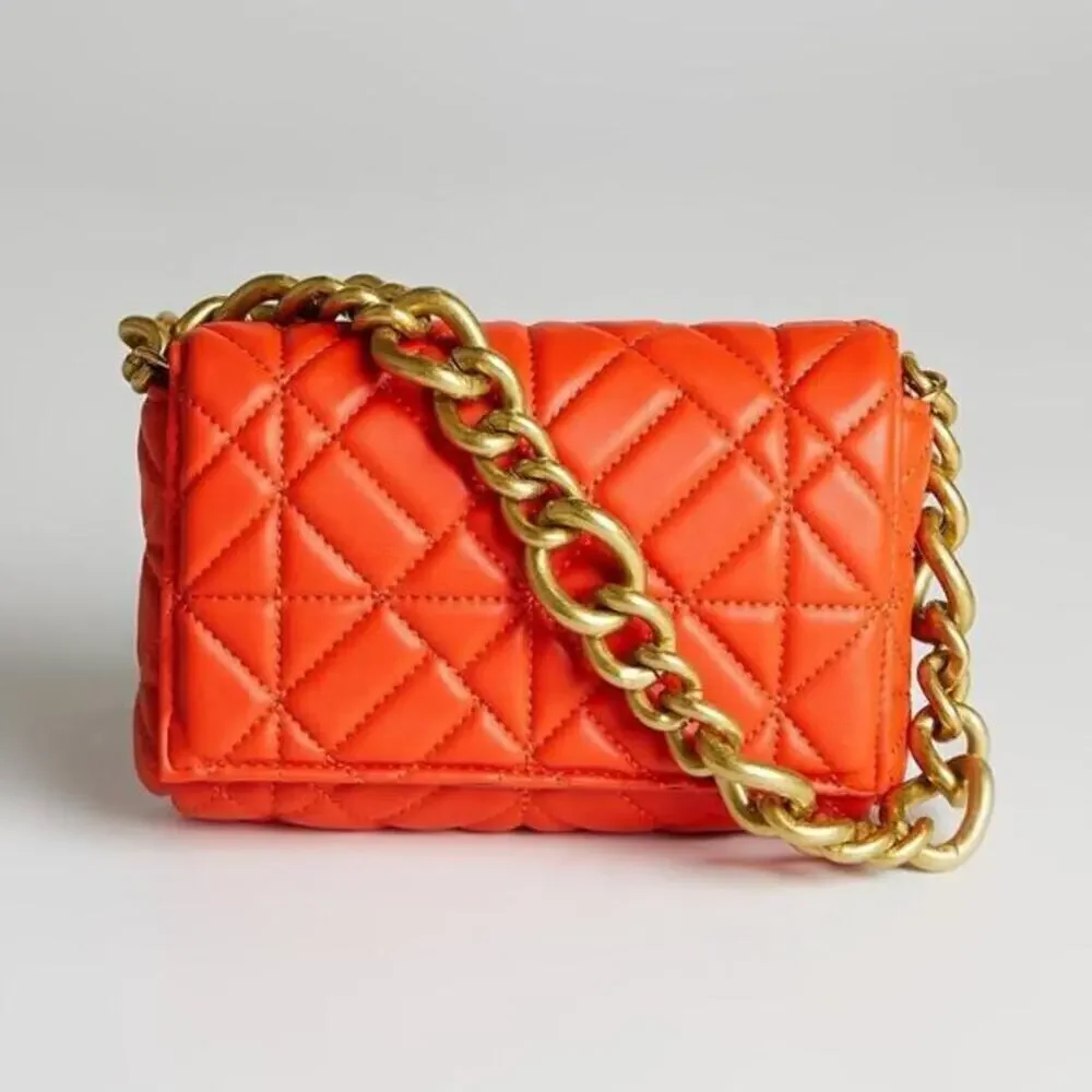 ZARA Coral Orange Quilted Chain Shoulder Bag NWT Gold Chain Purse OS